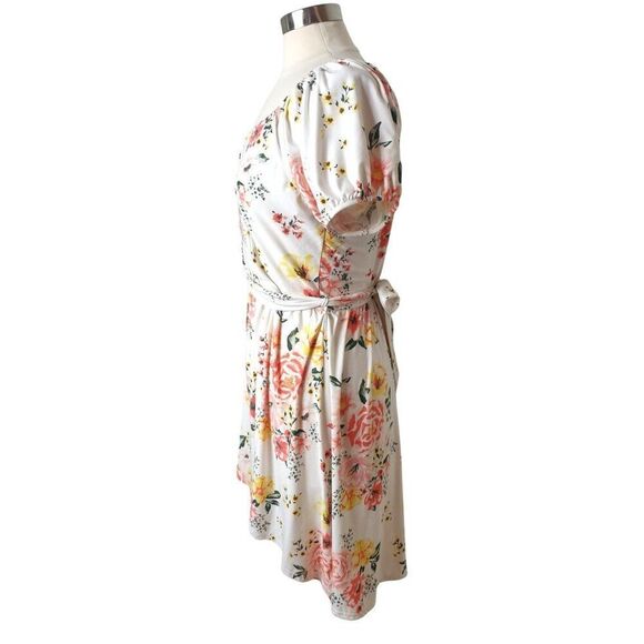 Women's Floral High-Low Dress XL Fairy Puff Sleeves Waist Tie White Pink Yellow - Picture 4 of 9